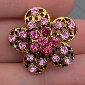 Vintage‎ Pink Rhinestone Flower Brooch Gold Tone Filigree Floral Pin Feminine